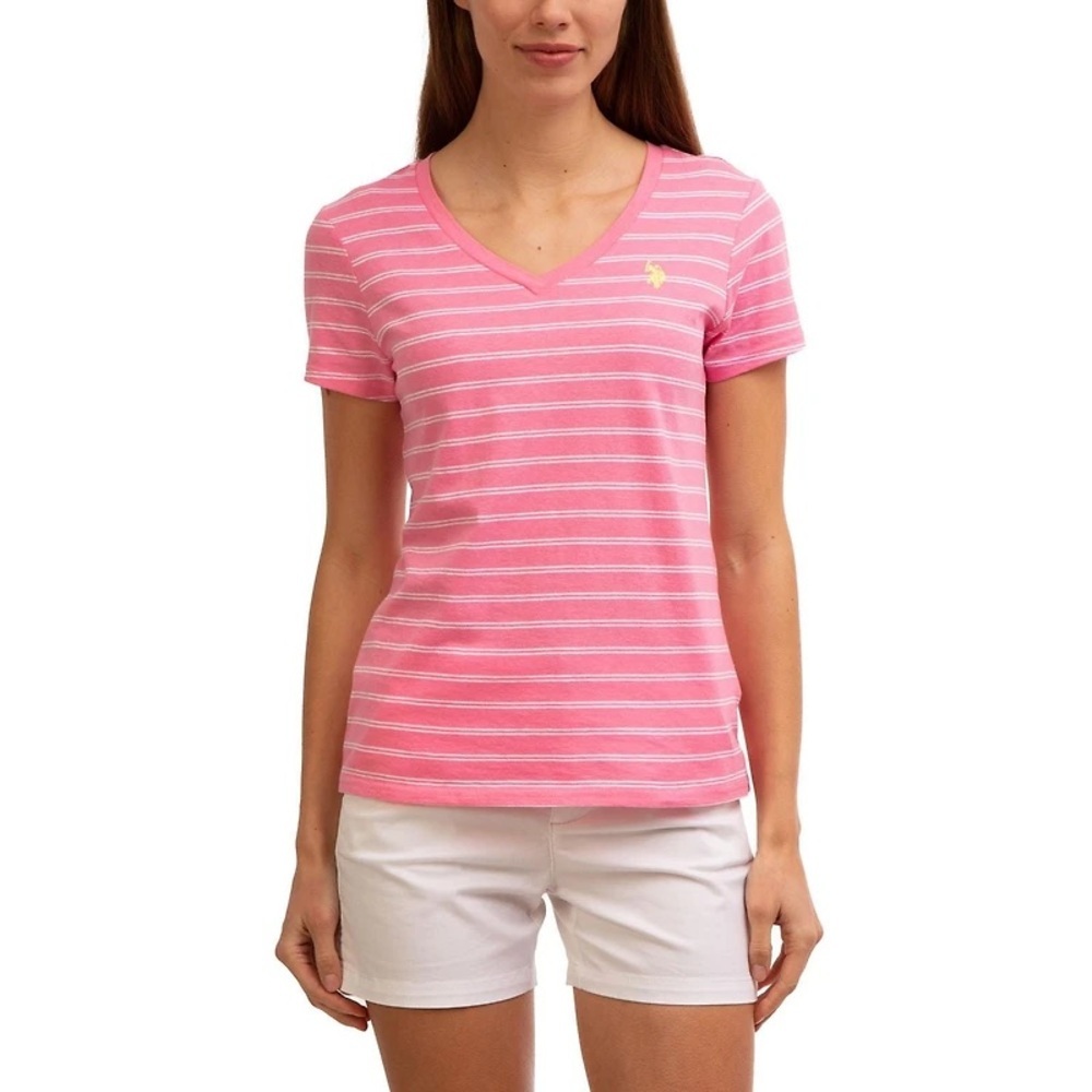 U.S. POLO ASSN. | Women's Pink Stripe V-Neck Tee Yellow Embroidery